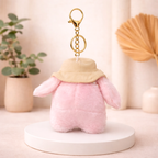 Plush Bunny Keychain with Cream Hat and Green Flower Embroidery