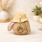 Plush Bunny Keychain with Cream Hat and Green Flower Embroidery