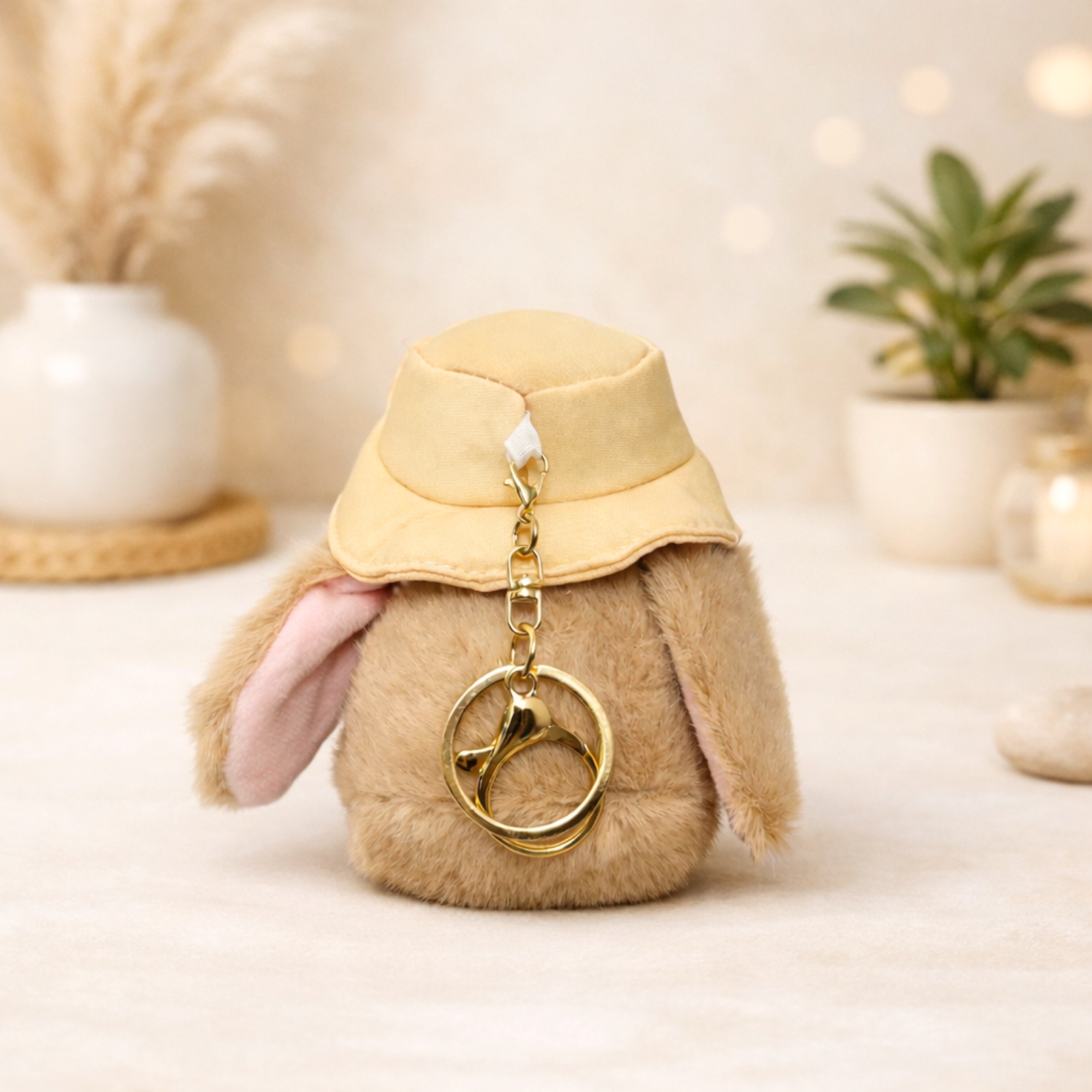 Plush Bunny Keychain with Cream Hat and Green Flower Embroidery