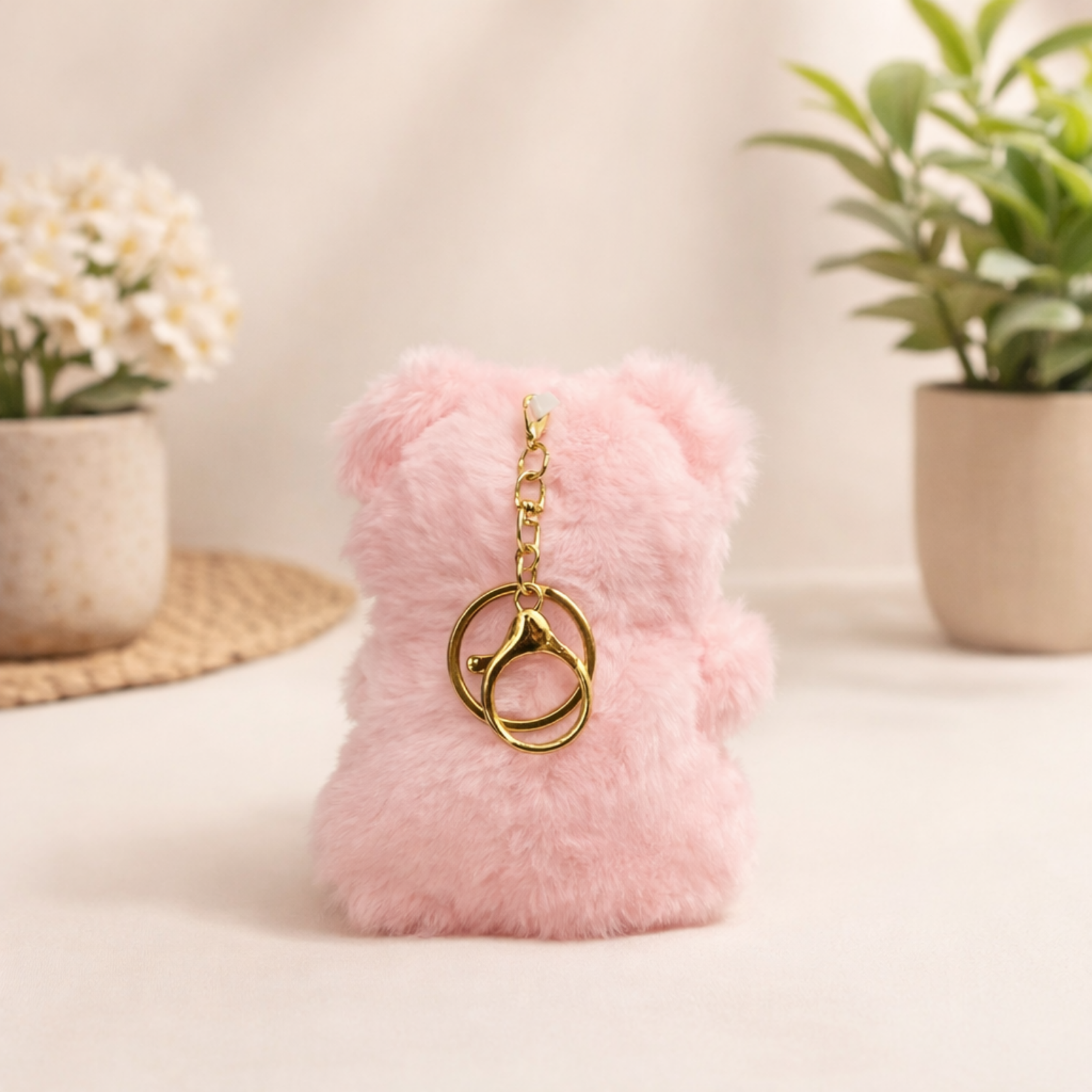 Teddy Bear Plush Keychain with Crochet Flower Detail