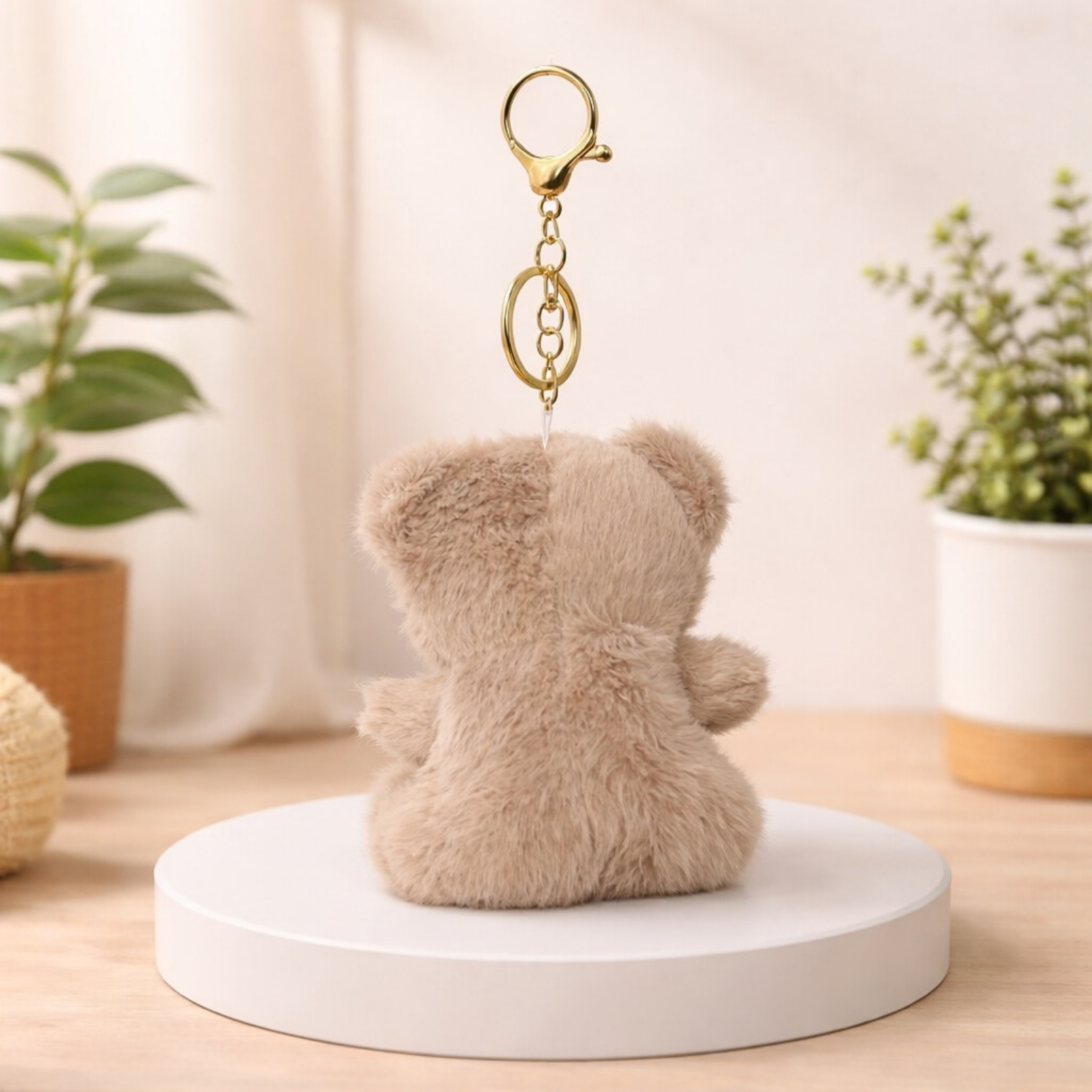 Teddy Bear Plush Keychain with Crochet Flower Detail