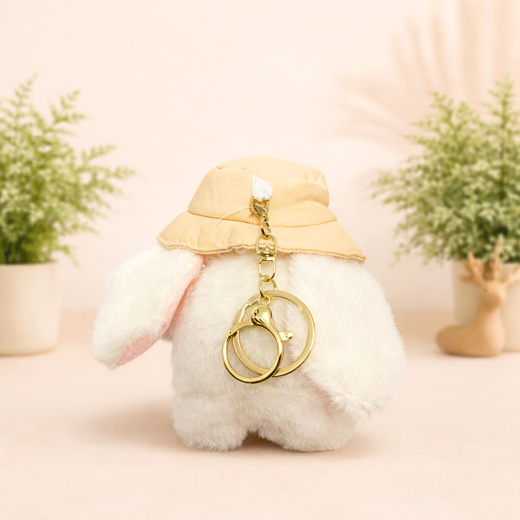Plush Bunny Keychain with Cream Hat and Green Flower Embroidery