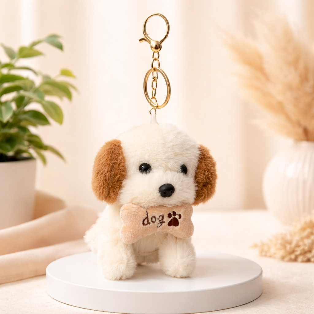 Plush Dog Keychain with Brown Ears & Beige Bone