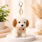 Plush Dog Keychain with Brown Ears & Beige Bone