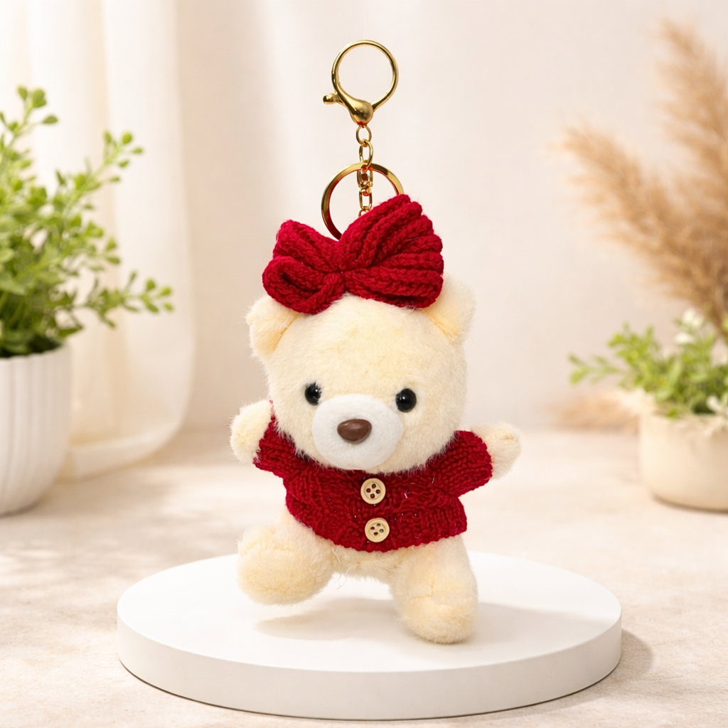 Plush Teddy Keychain with Bow & Sweater