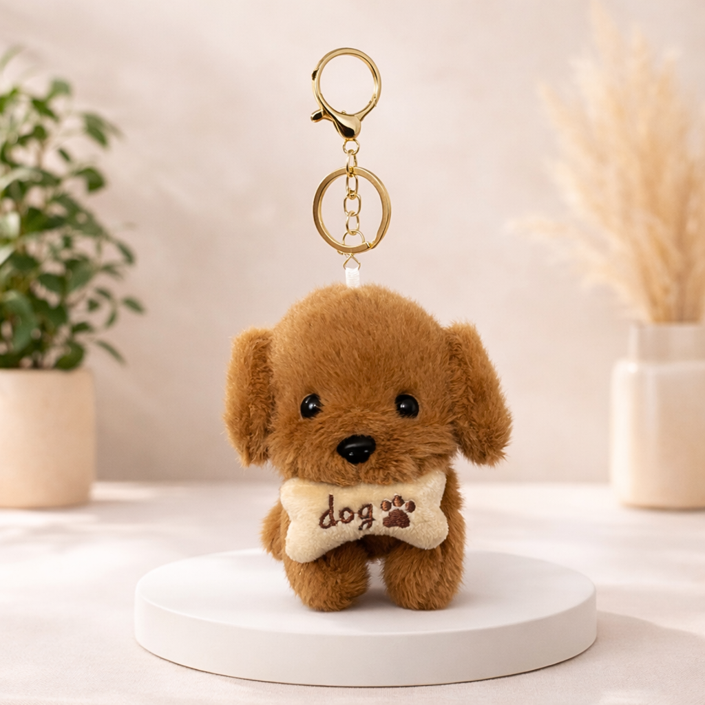 Plush Dog Keychain with Brown Ears & Beige Bone