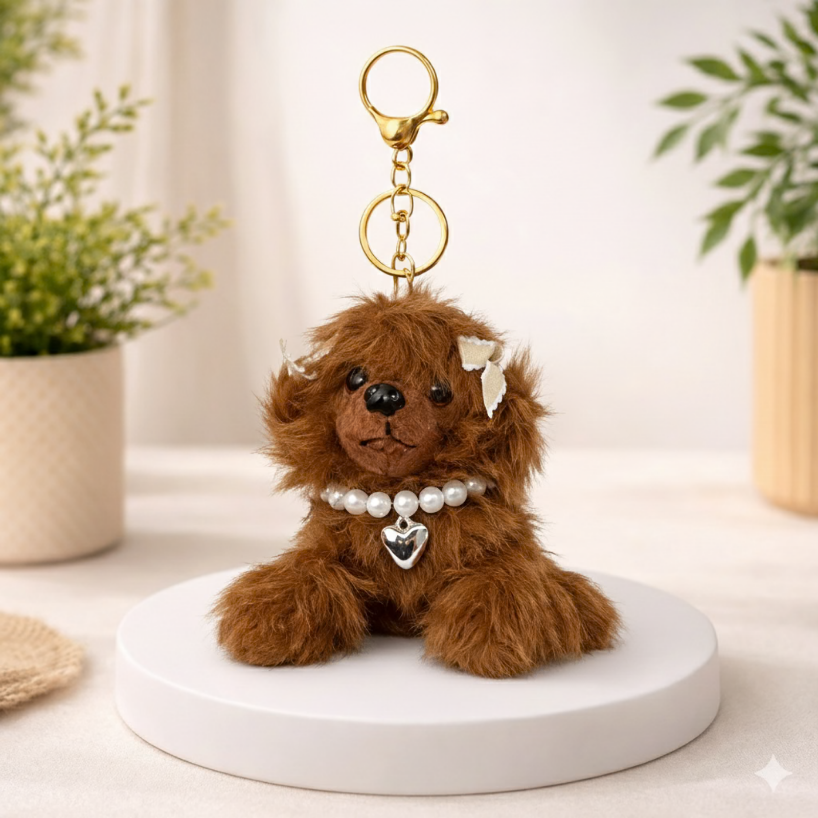 Puppy Plush Keychain with Pearl Necklace & Heart Charm
