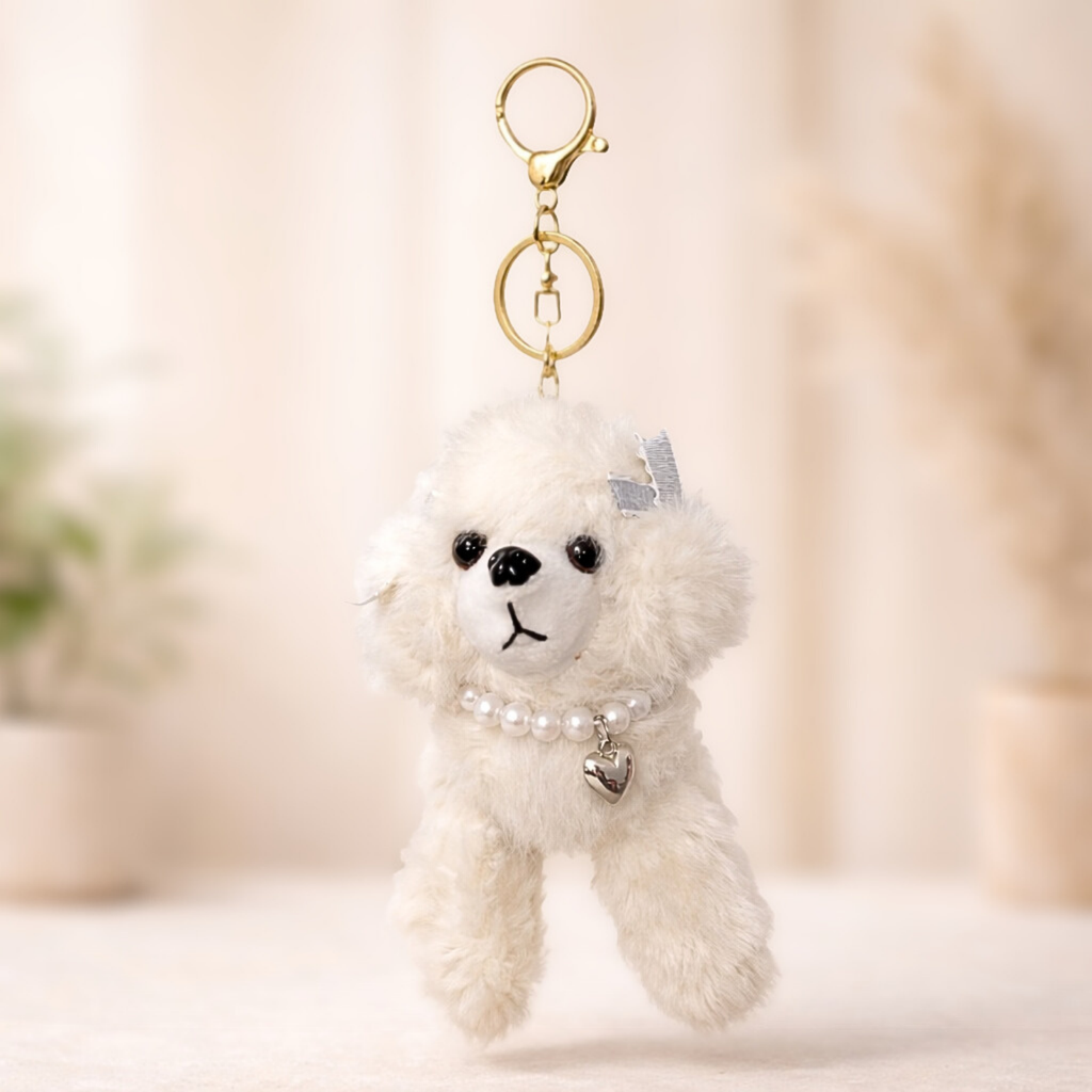 Puppy Plush Keychain with Pearl Necklace & Heart Charm