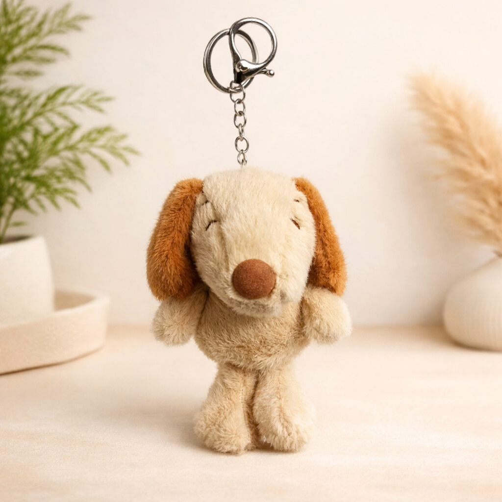 Beige Puppy Plush Keychain with Floppy Brown Ears