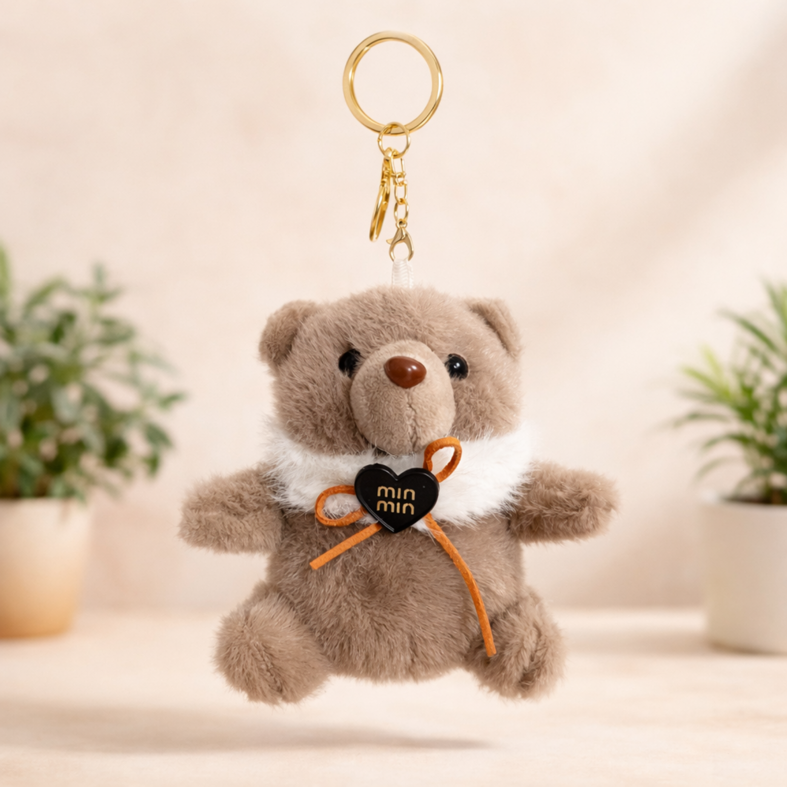 Grey Teddy Bear Plush Keychain with Black Heart Charm