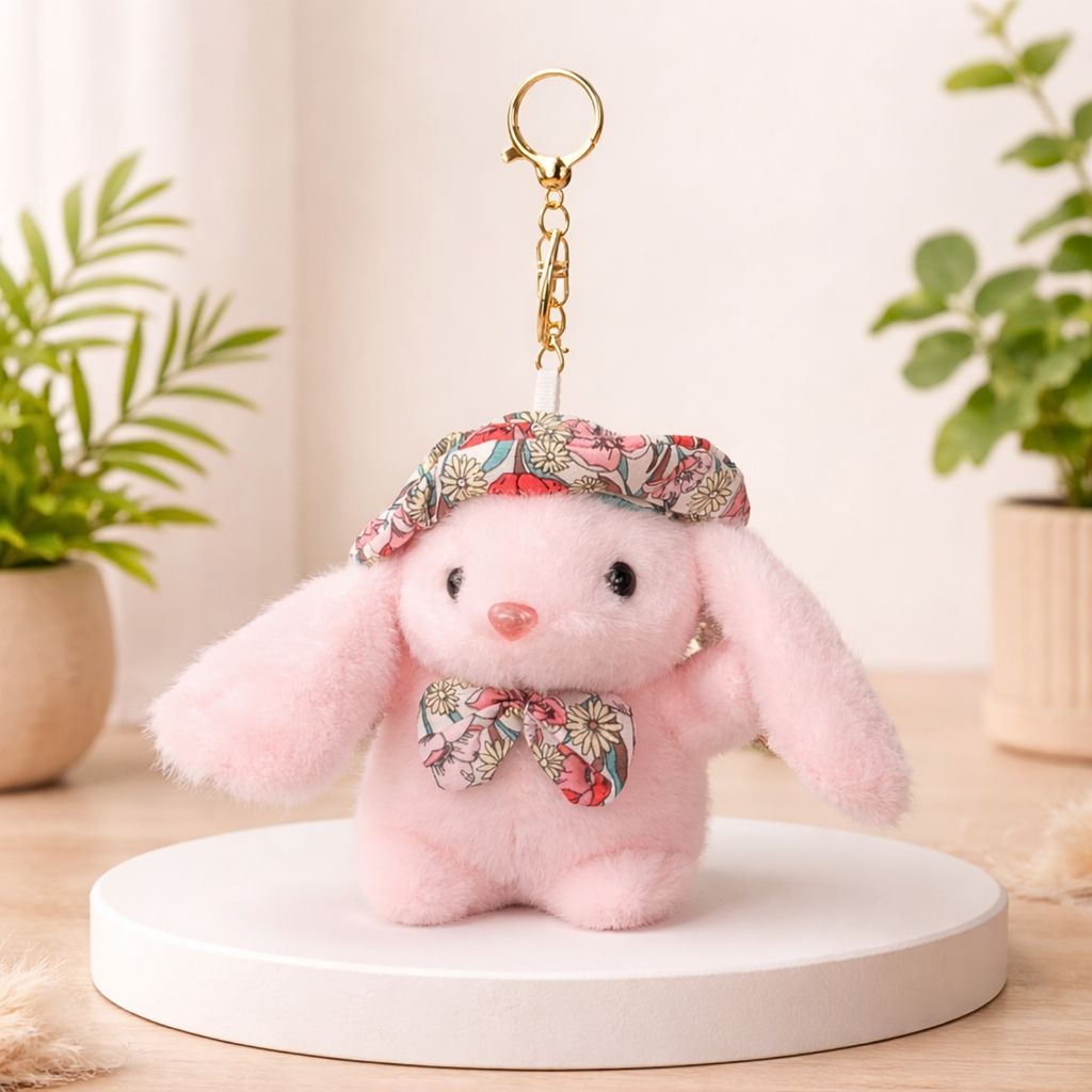 Soft Plush Bunny Keychain with Floral Printed Hat and Bow