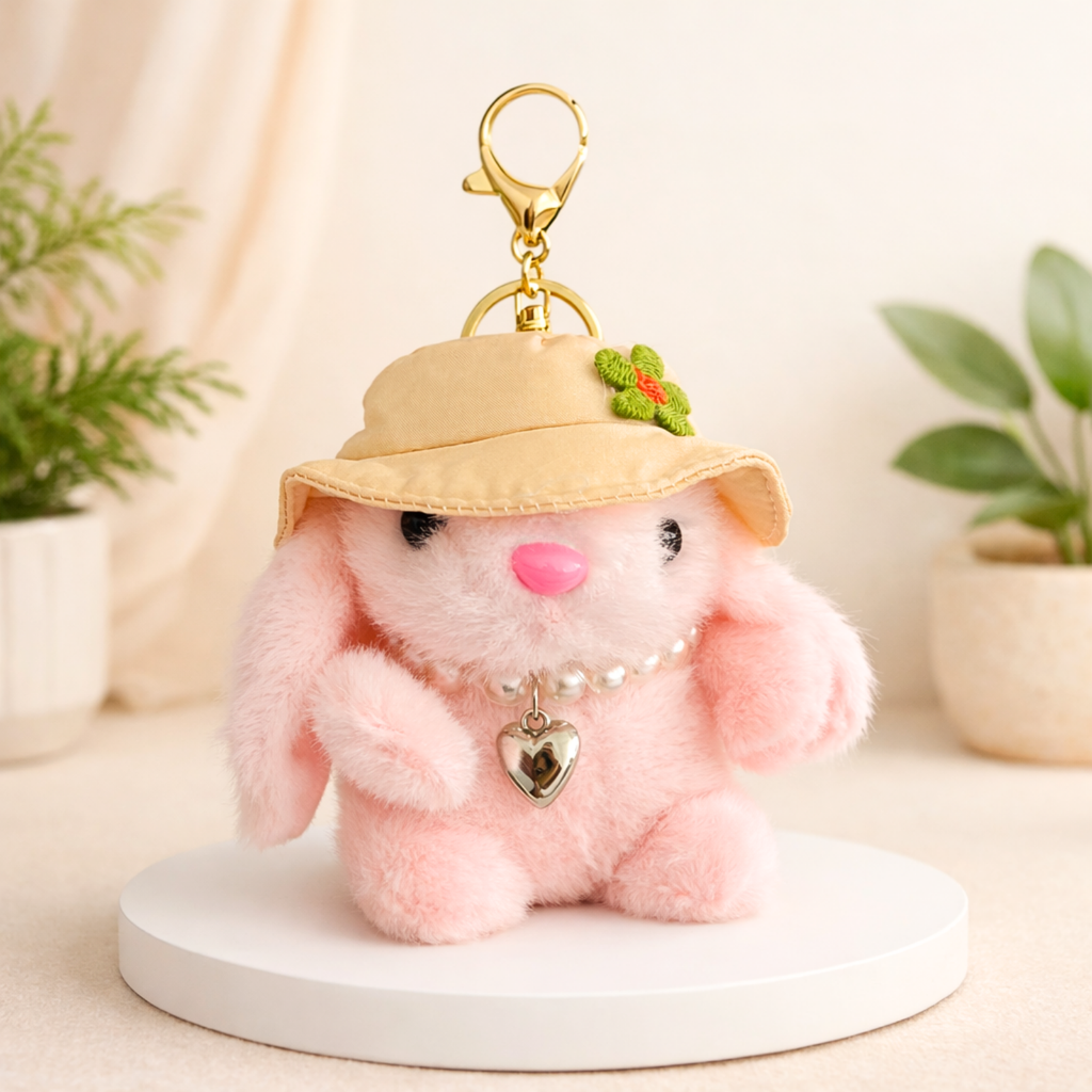 Plush Bunny Keychain with Cream Hat and Green Flower Embroidery