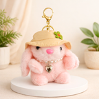 Plush Bunny Keychain with Cream Hat and Green Flower Embroidery