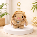 Plush Bunny Keychain with Cream Hat and Green Flower Embroidery