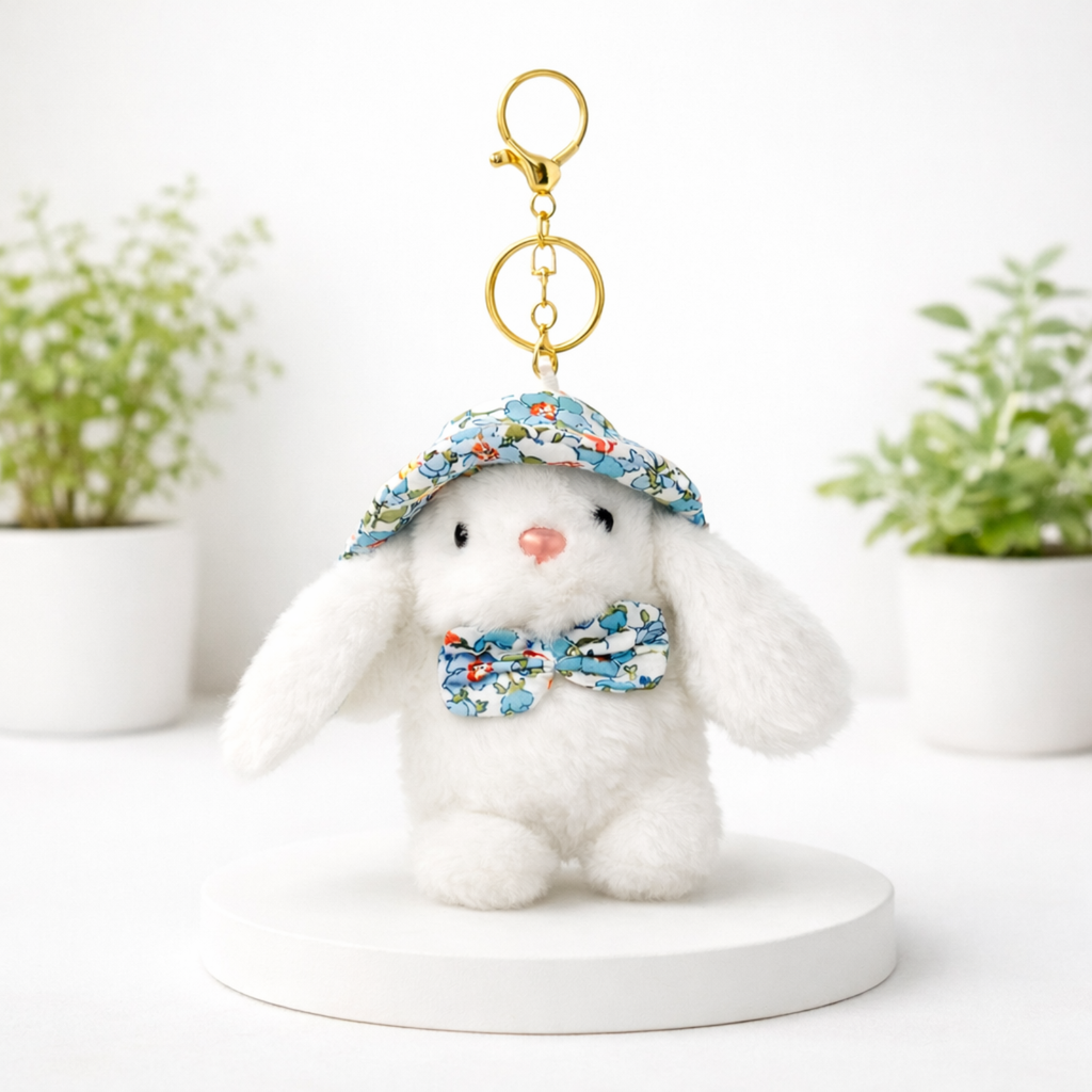 Soft Plush Bunny Keychain with Floral Printed Hat and Bow