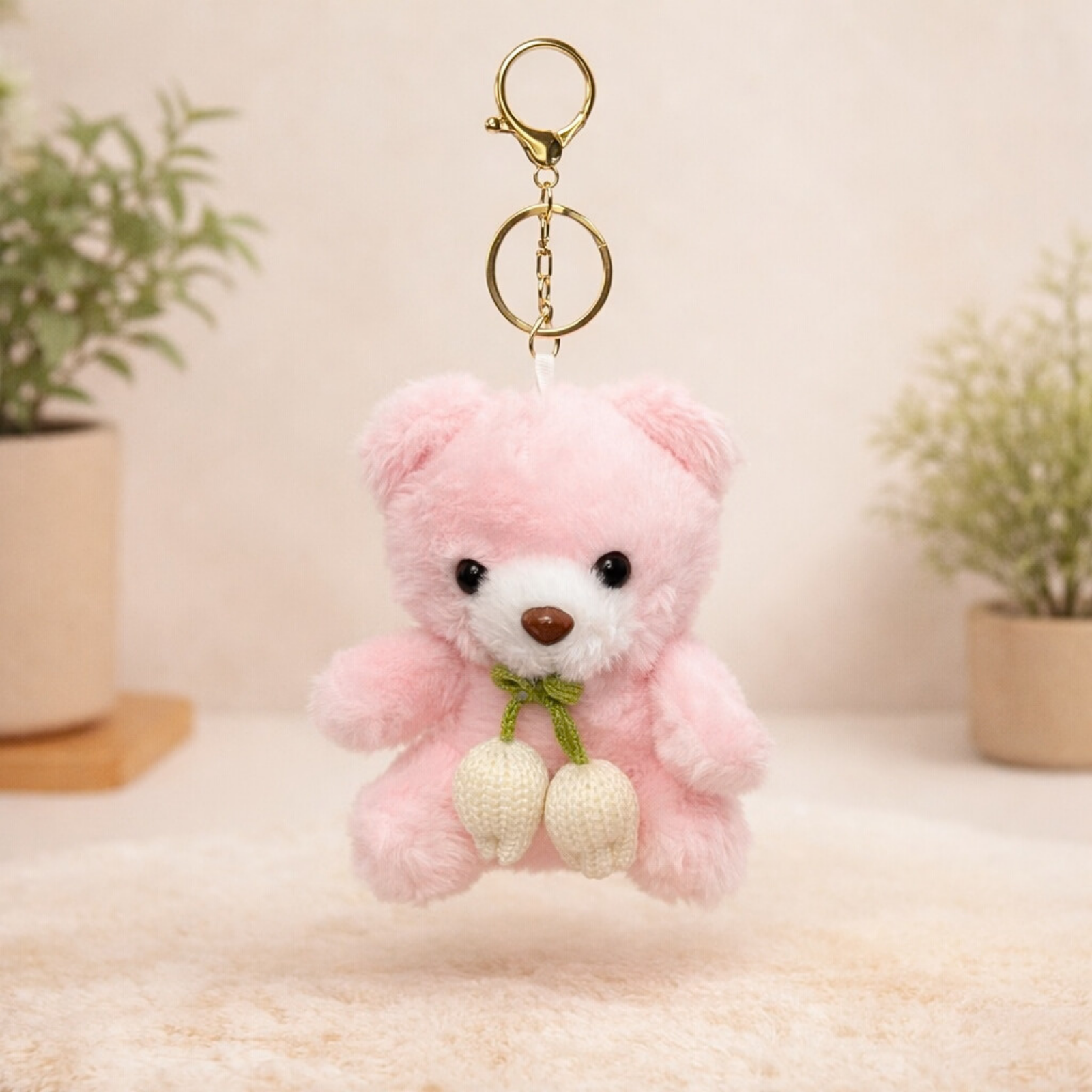 Teddy Bear Plush Keychain with Crochet Flower Detail