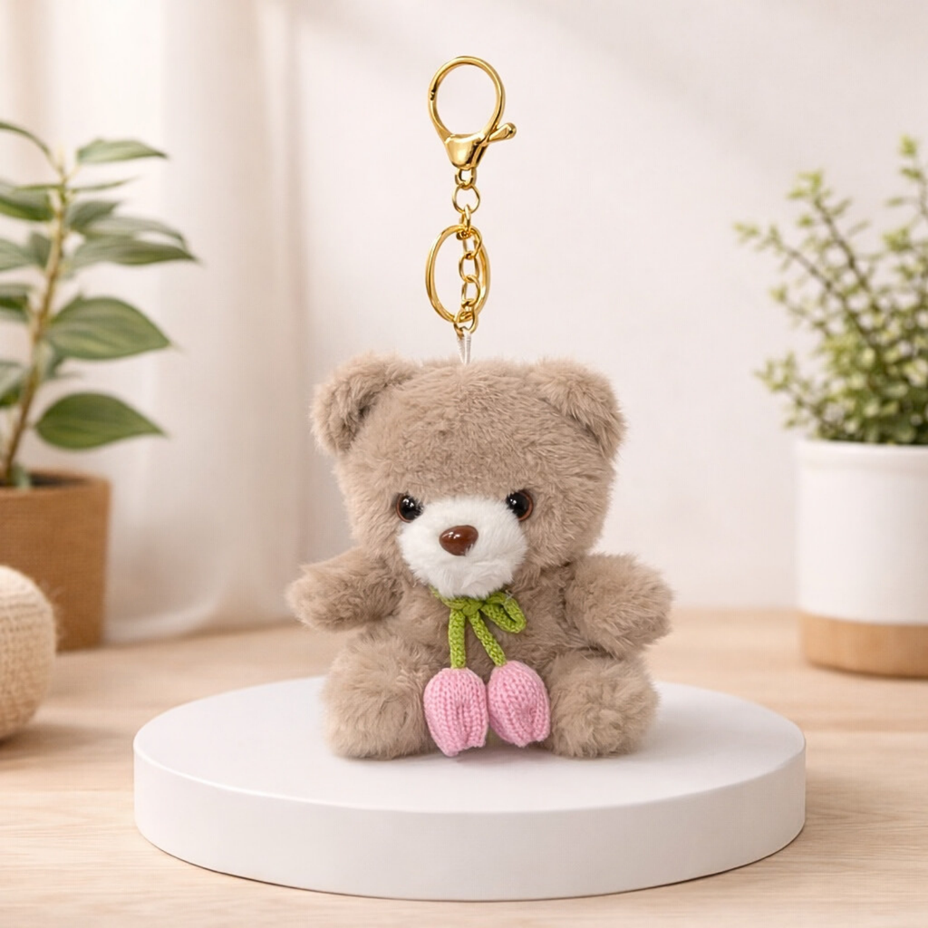 Teddy Bear Plush Keychain with Crochet Flower Detail
