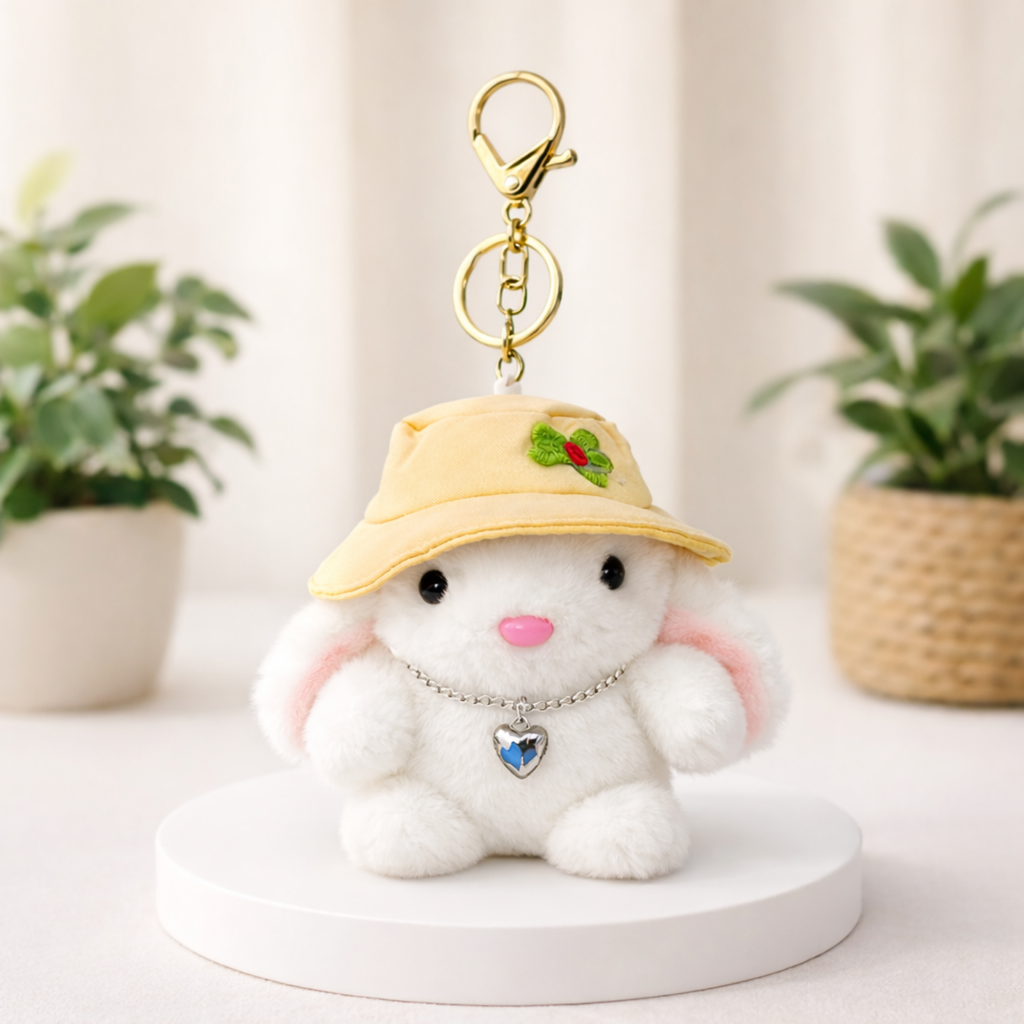 Plush Bunny Keychain with Cream Hat and Green Flower Embroidery