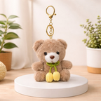 Teddy Bear Plush Keychain with Crochet Flower Detail