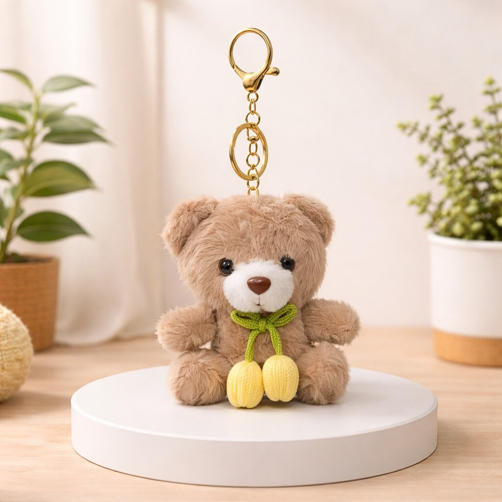 Teddy Bear Plush Keychain with Crochet Flower Detail