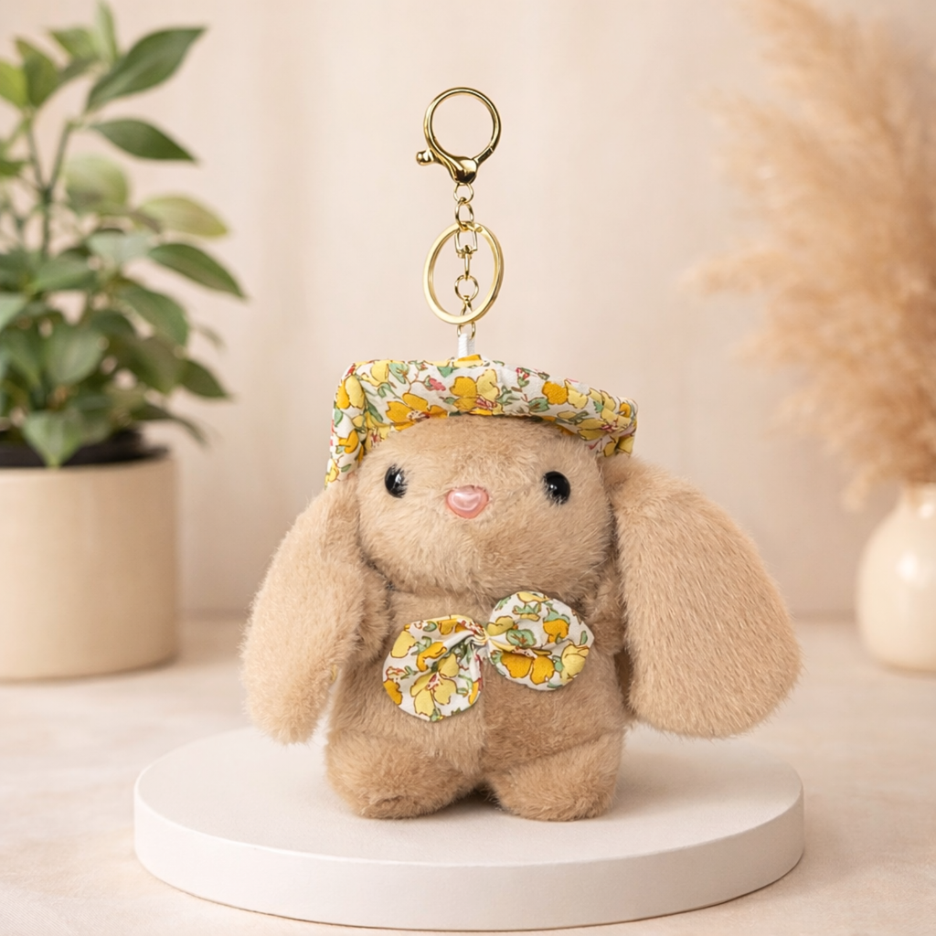 Soft Plush Bunny Keychain with Floral Printed Hat and Bow
