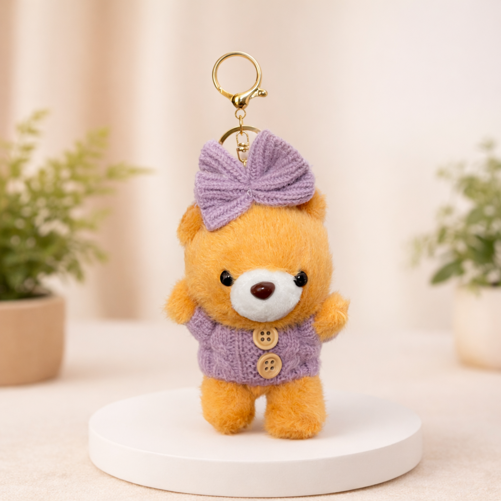 Plush Teddy Keychain with Bow & Sweater