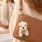 Plush Dog Keychain with Brown Ears & Beige Bone
