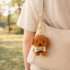 Plush Dog Keychain with Brown Ears & Beige Bone