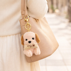 Plush Dog Keychain with Brown Ears & Beige Bone