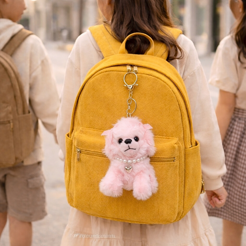 Puppy Plush Keychain with Pearl Necklace & Heart Charm