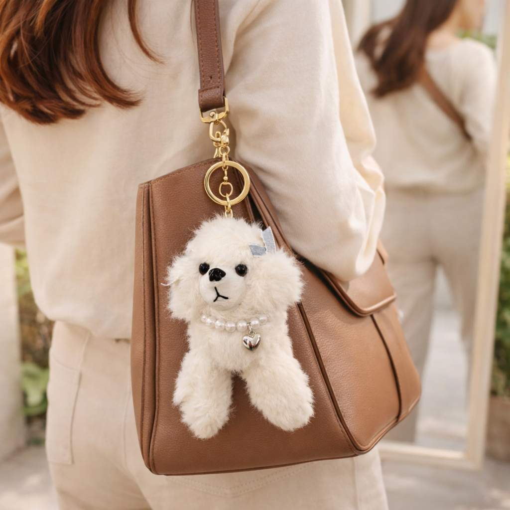 Puppy Plush Keychain with Pearl Necklace & Heart Charm