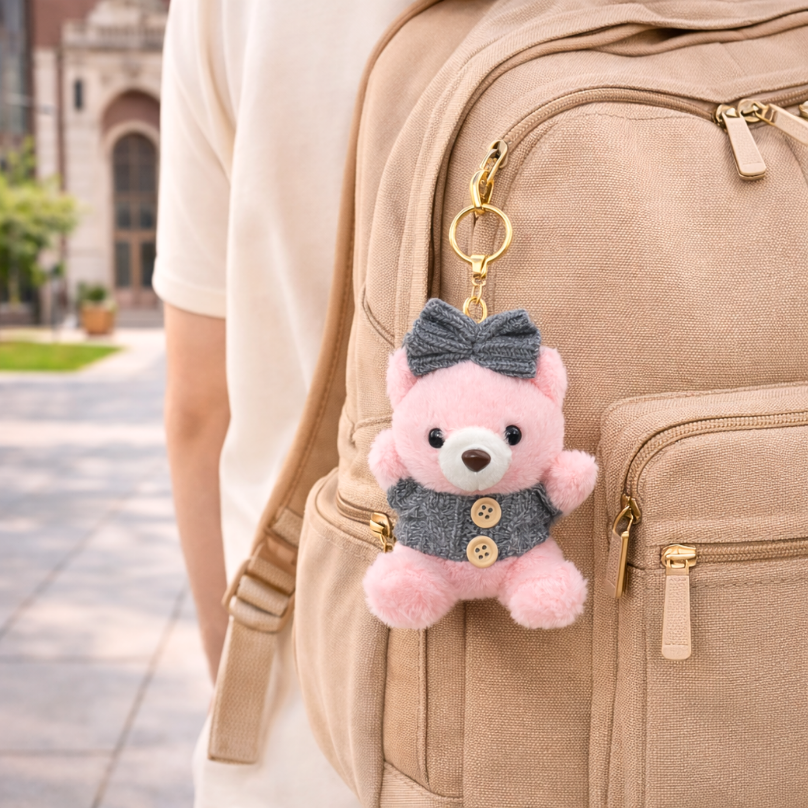 Plush Teddy Keychain with Bow & Sweater