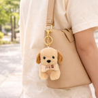 Plush Dog Keychain with Brown Ears & Beige Bone