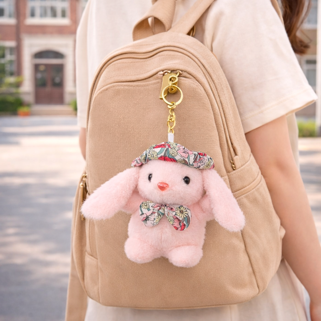 Soft Plush Bunny Keychain with Floral Printed Hat and Bow