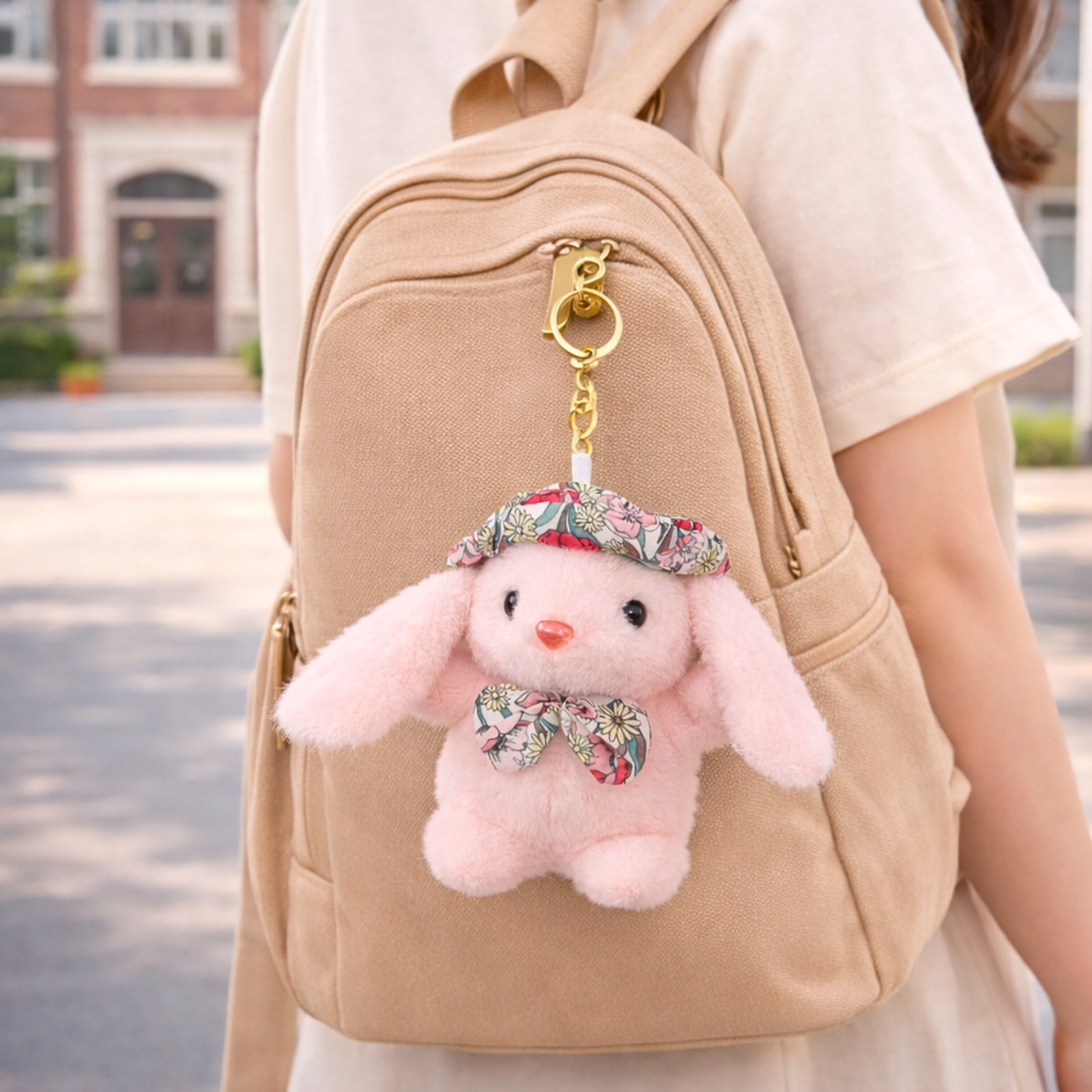 Soft Plush Bunny Keychain with Floral Printed Hat and Bow