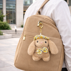 Soft Plush Bunny Keychain with Floral Printed Hat and Bow