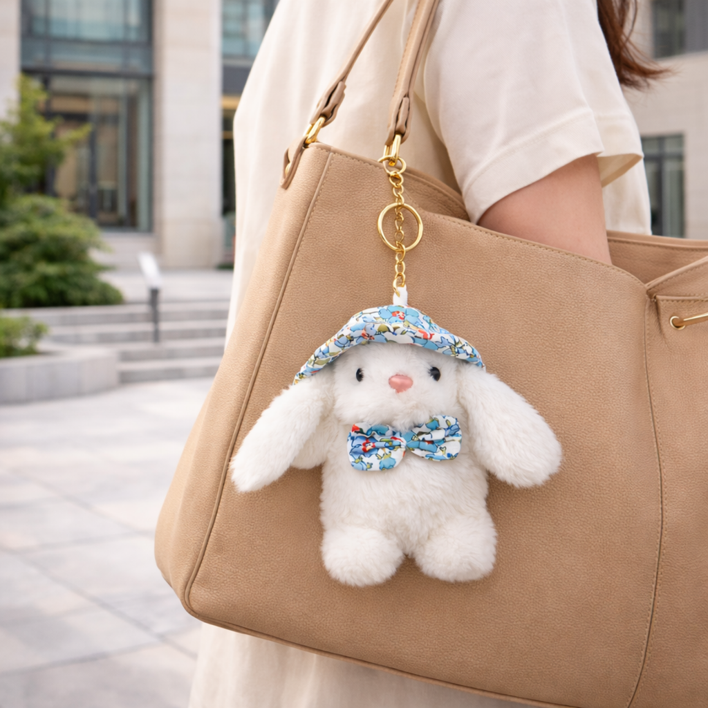 Soft Plush Bunny Keychain with Floral Printed Hat and Bow