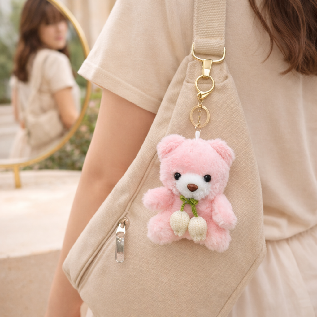 Teddy Bear Plush Keychain with Crochet Flower Detail