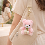 Teddy Bear Plush Keychain with Crochet Flower Detail