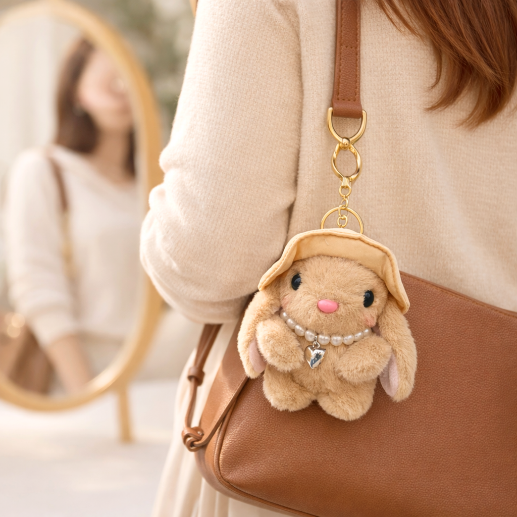 Plush Bunny Keychain with Cream Hat and Green Flower Embroidery