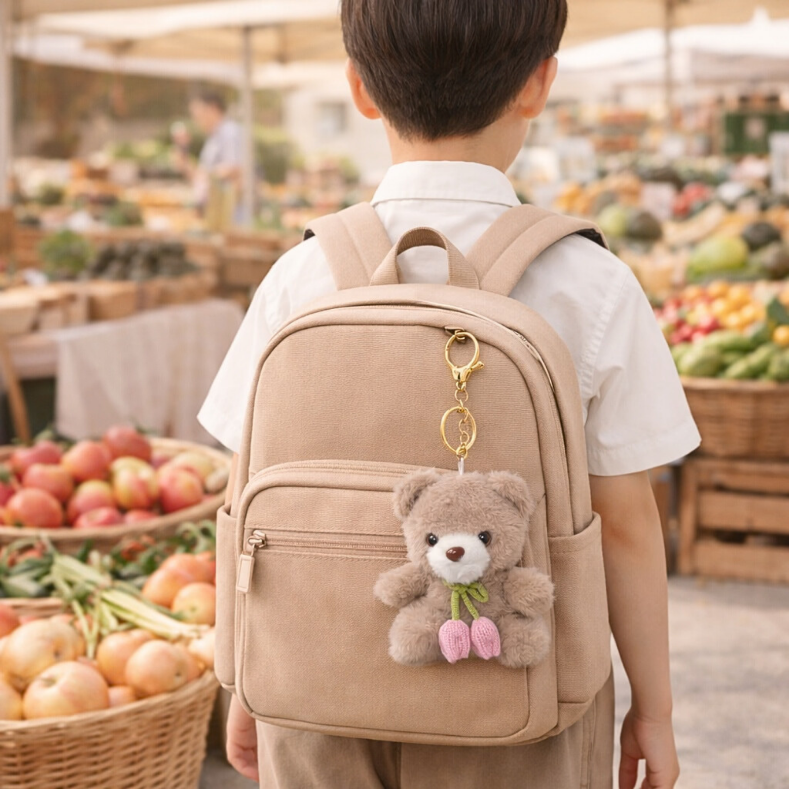 Teddy Bear Plush Keychain with Crochet Flower Detail