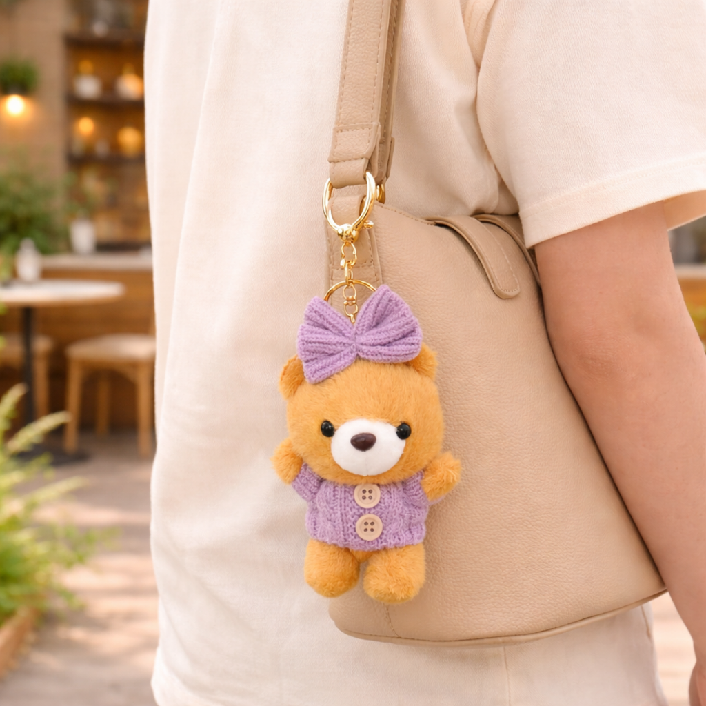 Plush Teddy Keychain with Bow & Sweater