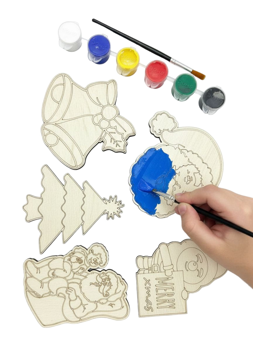 DIY Woodies Christmas Special Crafting Kit - 5 wood magnets, 6 painting colors and a brush | Perfect for Gifting