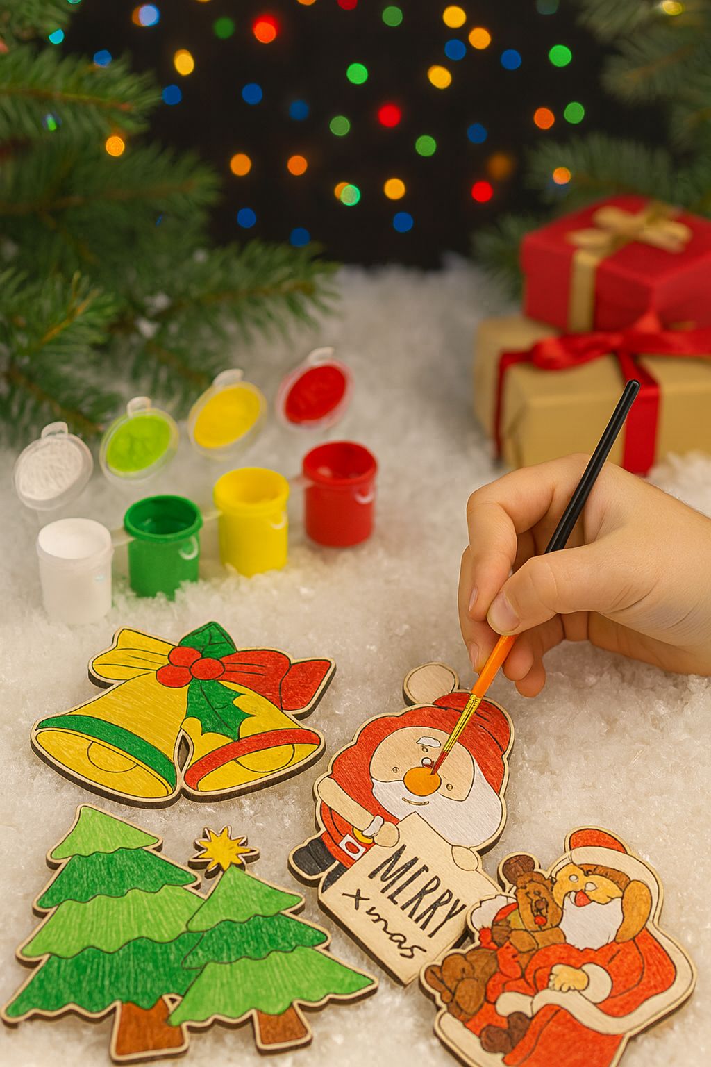 DIY Woodies Christmas Special Crafting Kit - 5 wood magnets, 6 painting colors and a brush | Perfect for Gifting