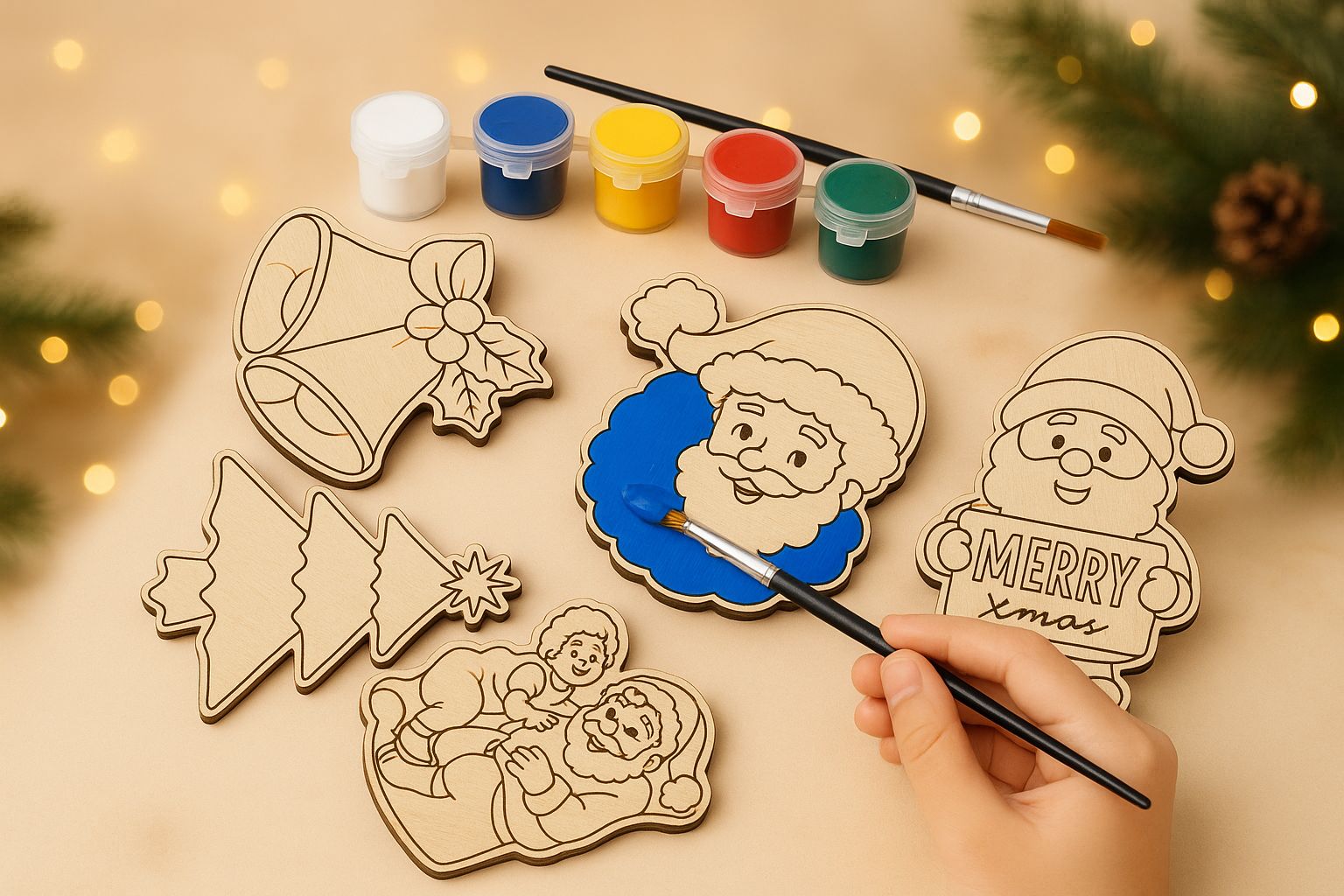 DIY Woodies Christmas Special Crafting Kit - 5 wood magnets, 6 painting colors and a brush
