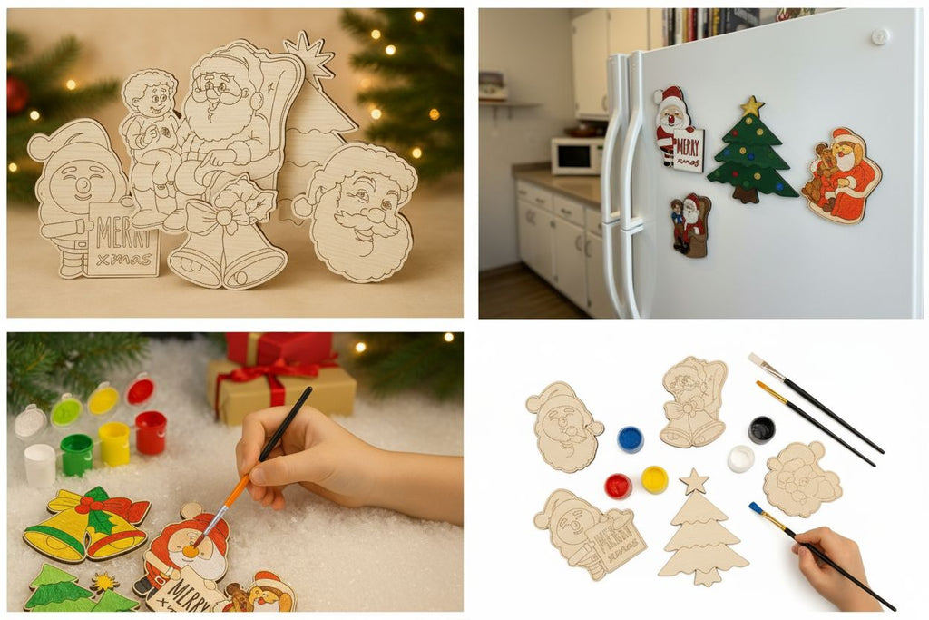 DIY Woodies Christmas Special Crafting Kit - 5 wood magnets, 6 painting colors and a brush | Perfect for Gifting