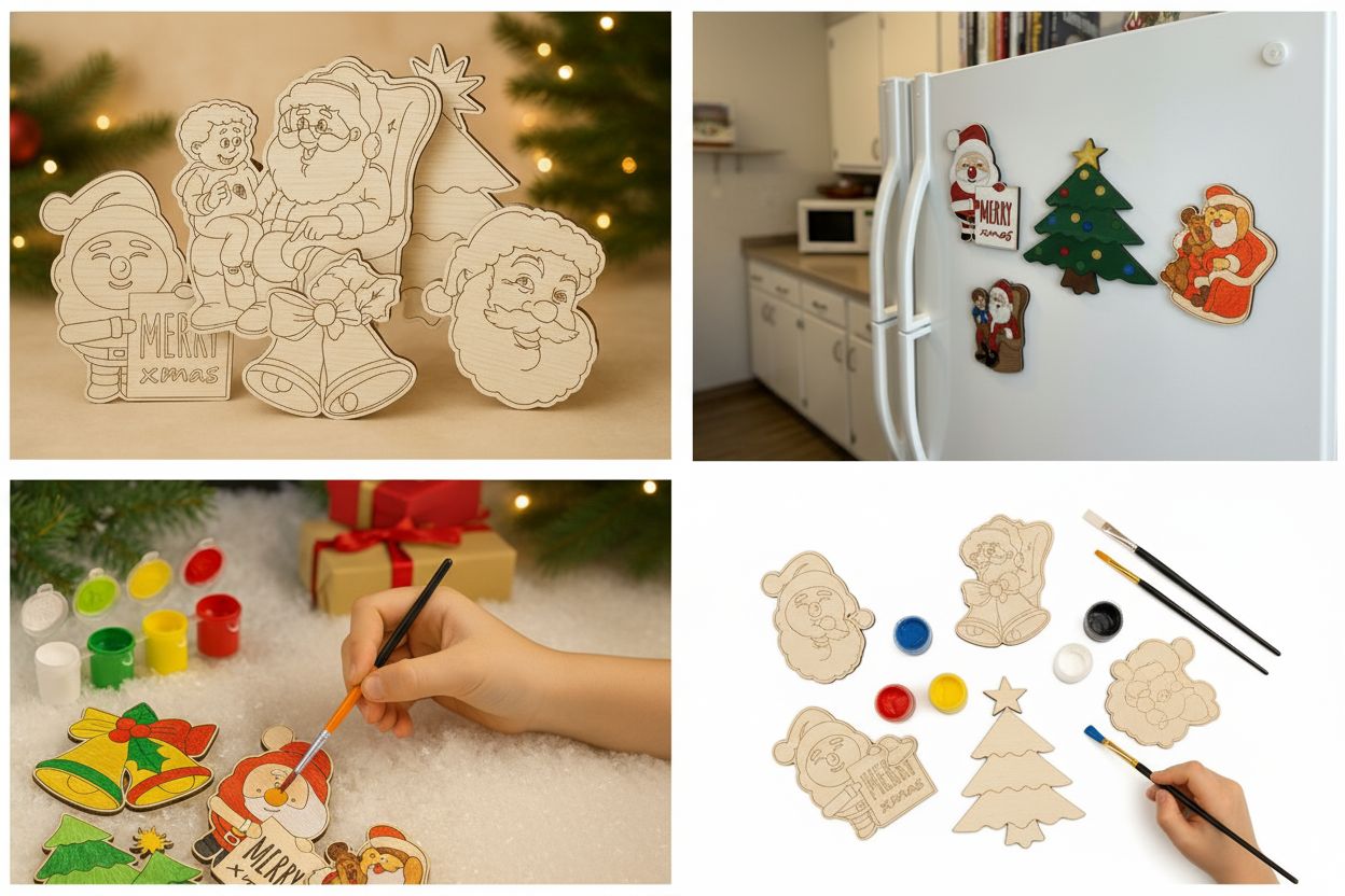 DIY Woodies Christmas Special Crafting Kit - 5 wood magnets, 6 painting colors and a brush | Perfect for Gifting