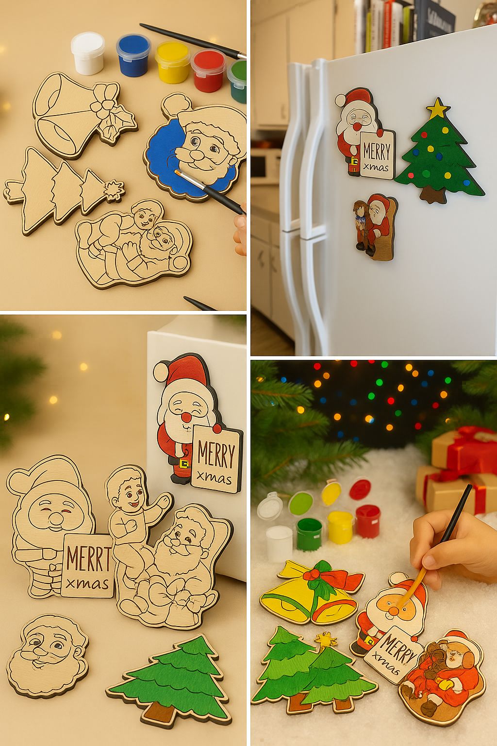 DIY Woodies Christmas Special Crafting Kit - 5 wood magnets, 6 painting colors and a brush | Perfect for Gifting